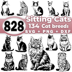 猫の SVG ファイル バンドル パック - すべての猫種のシルエットとカット ファイル、Cricut 用高品質 | レーザー カット svg、png、dxf ベクター 商用利用