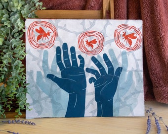 Linocut Relief Print, Screenprint, "Unsettled" // Handprinted // Limited Edition