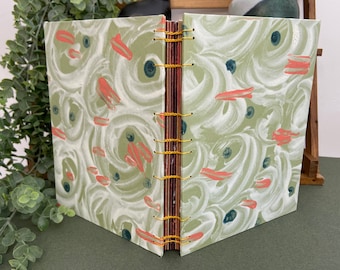 Sketchbook "Green and Orange" // Coptic Stitch Binding // 7" x 9" // Handbound Sketchbook