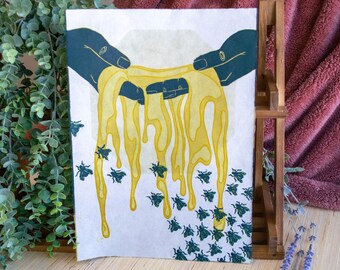 Woodcut Relief Print, "Like Flies to Honey" // Handprinted // Limited Edition
