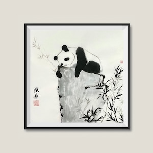 Original Handmade Chinese Painting, Panda &#39;A late spring&#39;, Asian Art, wall hanging, home decor, 12”x12”, unframed, Not a Print!