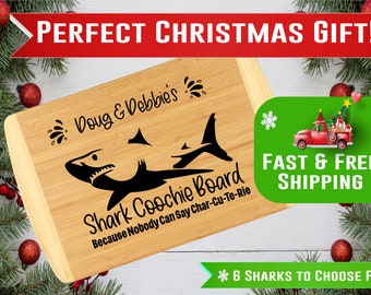 Tabla de embutidos personalizada con forma de tiburón, perfecta para fiestas. Bandeja única hecha a mano. Tabla de embutidos personalizada con grabado de tiburón.