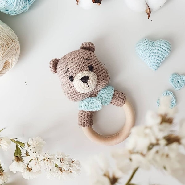 Bear baby rattle, forest animal wooden rattle, all natural teething ring with bear fox, fox rattle and teether, rassel baby