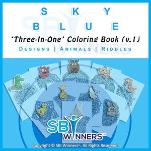 Entire VOLUME #1, SKY BLUE Riddle Book Coloring Collection! 10 Downloadable Design, Riddle, & Animal Coloring Pages for the Whole Family!