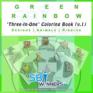 Entire VOLUME #1, RAINBOW GREEN Riddle Book Coloring Collection! 10 Downloadable Design, Riddle, & Animal Coloring Pages for All Occasions!