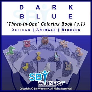Volledige VOLUME #1, DONKERBLAUWE Riddle Book Coloring Collection! 10 downloadbare ontwerp-, raadsel- en dierenkleurplaten voor het hele gezin!
