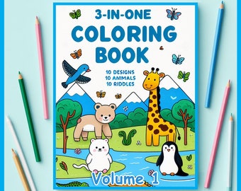 Entire VOLUME #1, SKY BLUE Riddle Book Coloring Collection! 10 Downloadable Design, Riddle, & Animal Coloring Pages for the Whole Family!