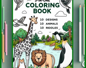 Entire VOLUME #1, DARK GREEN Riddle Book Coloring Collection! 10 Downloadable Design, Riddle, & Animal Coloring Pages for the Whole Family!