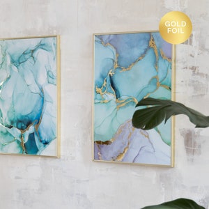 Green and Blue Alcohol Ink Abstract Print Watercolor Gold Metallic Foil Poster Colourful Wall Art Bedroom Gift Bathroom Wall Art image 1