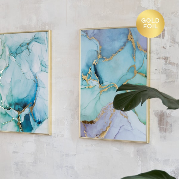 Green and Blue Alcohol Ink Abstract Print | Watercolor Gold Metallic Foil Poster | Colourful Wall Art | Bedroom Gift | Bathroom Wall Art