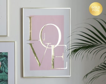 Pink Love Poster | Gift For Her | Gold Foil Letters | Elegant Art Print | Bedroom Wall Decor | Modern Interior Art