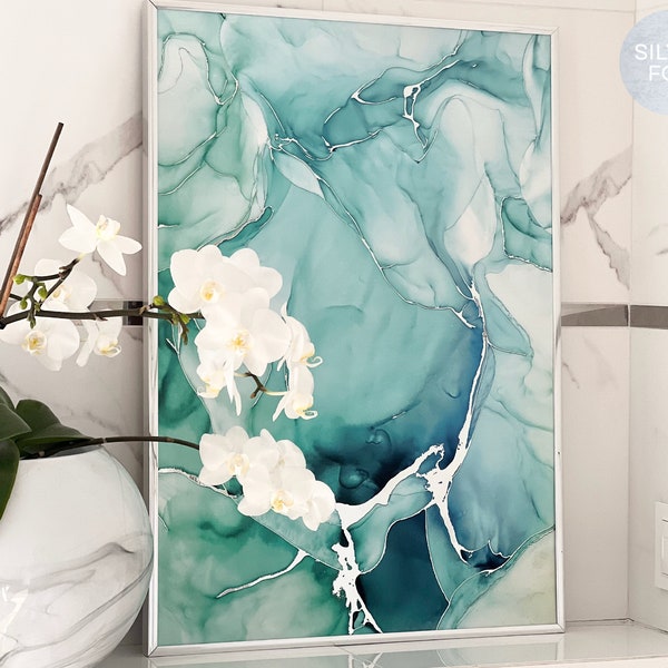 Green Alcohol Ink Abstract Print | Watercolor Silver Metallic Foil Poster | Colourful Wall Art | Bedroom Gift | Bathroom Wall Art | Marble