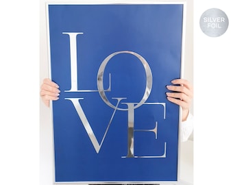Silver Blue Love Poster | Gift For Her | Silver Foil Letters | Elegant Art Print | Bedroom Wall Decor | Modern Interior Art | Glossy Prints