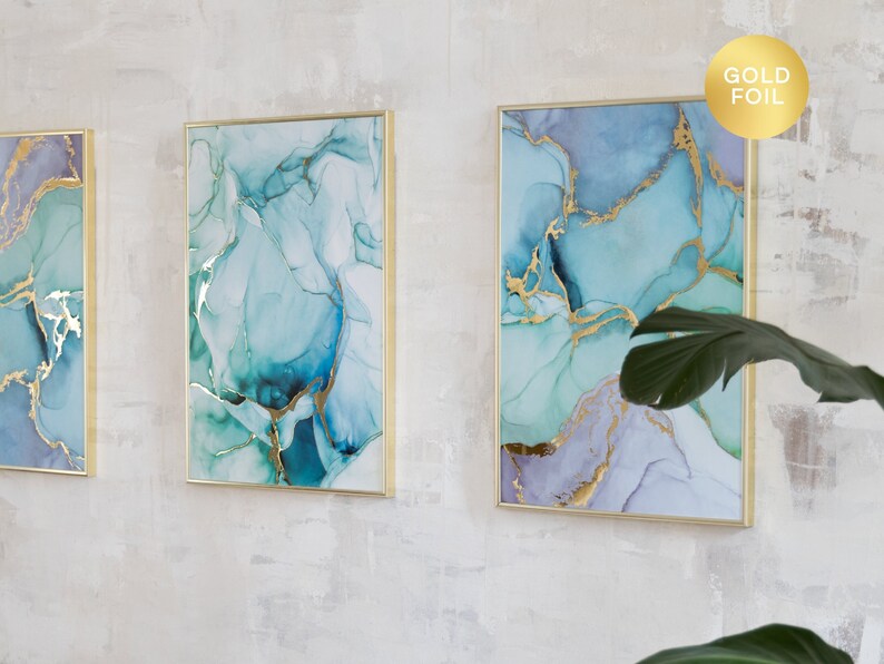Green and Blue Alcohol Ink Abstract Print Watercolor Gold Metallic Foil Poster Colourful Wall Art Bedroom Gift Bathroom Wall Art image 1