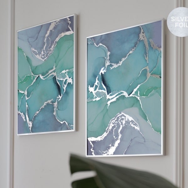 Green and Blue Alcohol Ink Abstract Print | Silver Metallic Foil Poster | Colourful Wall Art | Bedroom Gift | Bathroom Wall Art