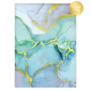 Green and Blue Alcohol Ink Abstract Print Watercolor Gold Metallic Foil Poster Colourful Wall Art Bedroom Gift Bathroom Wall Art image 2