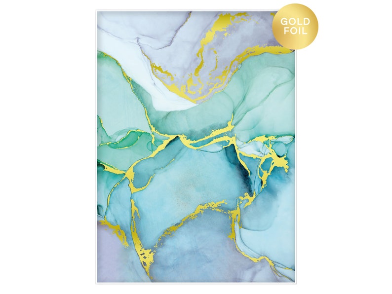 Green and Blue Alcohol Ink Abstract Print Watercolor Gold Metallic Foil Poster Colourful Wall Art Bedroom Gift Bathroom Wall Art image 2
