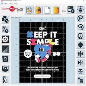 Könnte beinhalten: Ein schwarz-weißes Grafikdesign mit einer blauen Herzfigur. Der Text "Keep it simple" befindet sich über der Figur und "Let's go!" unter der Figur. Der Text "Ghost" befindet sich in der oberen rechten Ecke des Designs. Das Design befindet sich auf einem schwarzen Hintergrund mit einem weißen Raster.