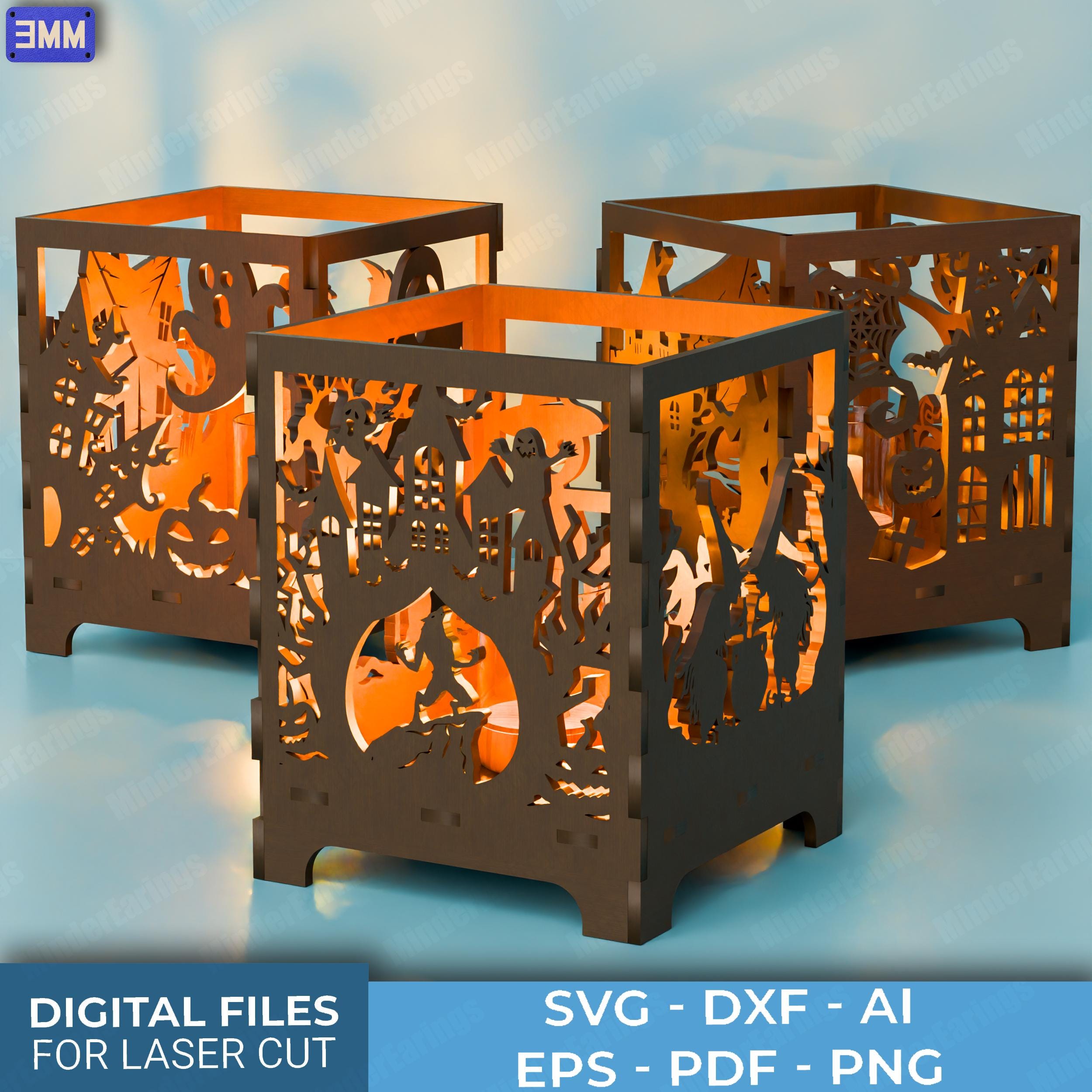 Pacote SVG de lanternas de Halloween – caixa assustadora cortada a laser, cena fantasma de bruxa e abóbora, arquivos digitais para caixa brilhante.
