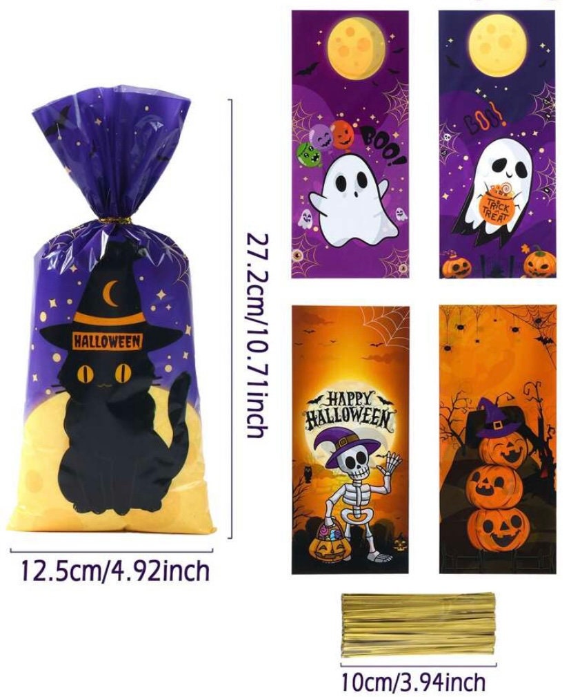 Halloween dark pumpkin wizard mixed sweet bags. Ties included. 12.5cmx27.2cm Pack of 10, 25, 50 or 100. FREE UK DELIVERY