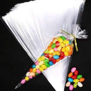 透明なクリスマスホットチョコレートスイーツクラフトコーン包装バッグ、金色の紐付き。小13x25cm、中16x30cm、10、15、25、50個入り