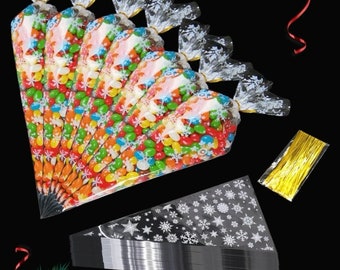 Bolsitas de dulces transparentes con forma de copo de nieve/cono de Papá Noel, 30 cm de largo y 16 cm de ancho. Paquete de 10, 25 o 50.