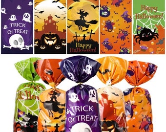 Färgglad Halloween-present, godispåsar. Slipsar ingår. 12,5 cm x 27,5 cm. Förpackning med 10, 25, 50 eller 100. FRI LEVERANS INOM STORBRITANNIEN.