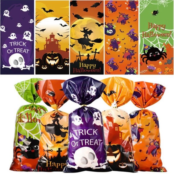 Cadeau d'Halloween coloré, sacs de bonbons. Liens inclus. 12,5 x 27,5 cm Lot de 10, 25, 50 ou 100 pièces. LIVRAISON GRATUITE AU ROYAUME-UNI