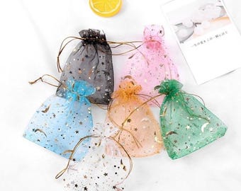 Halloween Print Moons and stars/Plain black small Mesh Gift Bag.  Ideal for halloween party bags party favours. FREE UK DELIVERY