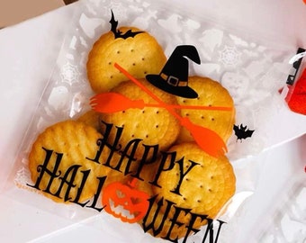 Sacs à biscuits autoadhésifs en plastique transparent à motifs Halloween (lot de 10, 25, 50 100 200 500.) 10 cm de longueur, 10 cm de largeur. LIVRAISON GRATUITE AU ROYAUME-UNI