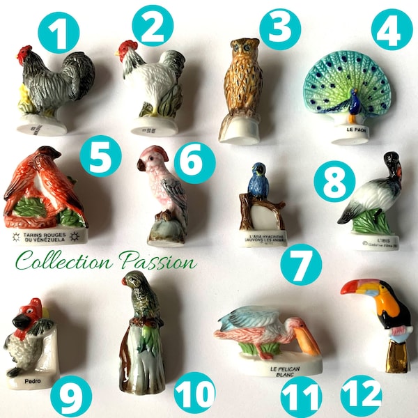 Miniature ROOSTER PORCELAIN, Fève au choix, tiny ceramic BIRD figurines, cake topper, rooster kitchen decor, Ara parrot mini figure