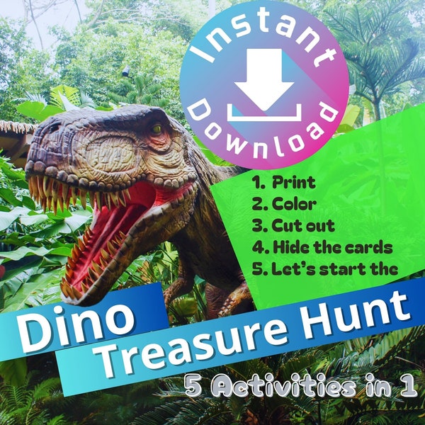 DINOSAUR TREASURE HUNT for Kids, Printable Dino Birthday Party Game, Digital download pictures for indoor or outdoor activities, coloring