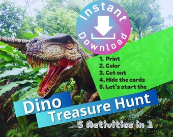 DINOSAUR TREASURE HUNT for Kids, Printable Dino Birthday Party Game, Digital download pictures for indoor or outdoor activities, coloring