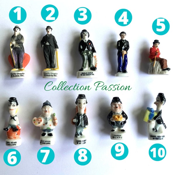 CHAPLIN, LAUREL HARDY Choose 1 fève miniature porcelaine mini figurines Silent movie actor ceramic tiny porcelain, Cake toppers decoration