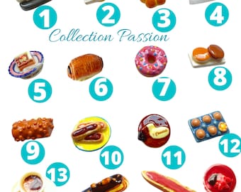 Miniature PASTRIES FOOD PORCELAIN, Choose 1 bean tiny ceramic chocolate cake topper, bakery bread, brioche, mini rolling pin kitchen decor