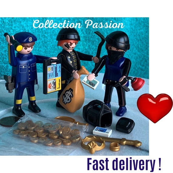 PLAYMOBIL POLICE and THIEF Action Figure Toy, Bank Bandit Robbers and Police  Woman Figurines With Accessories, Ideal for Kids Gift 