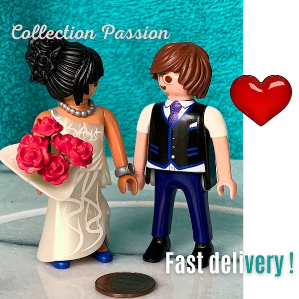 PLAYMOBIL BRIDE and GROOM action figure toy, Wedding cake topper for Bridal Couple, Bride bouquet gift for marriage decoration, Table decor