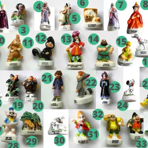 May include: A collection of small, colorful Disney figurines. The figurines depict various characters, including a Dalmatian, a skunk, a pirate, and a dwarf. Each figurine is mounted on a small, white base.