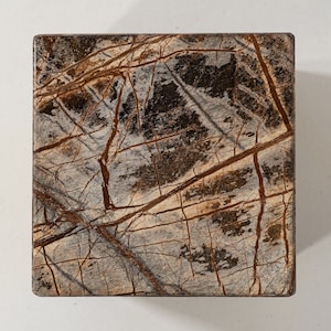 May include: A square, brown and gray marble tile with a natural veined pattern.