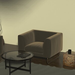 May include: Two brown armchairs with a glass top coffee table in between. A laptop is on the table. There is a wooden side table with a black vase on it. The room has a light beige wall and a wooden floor.
