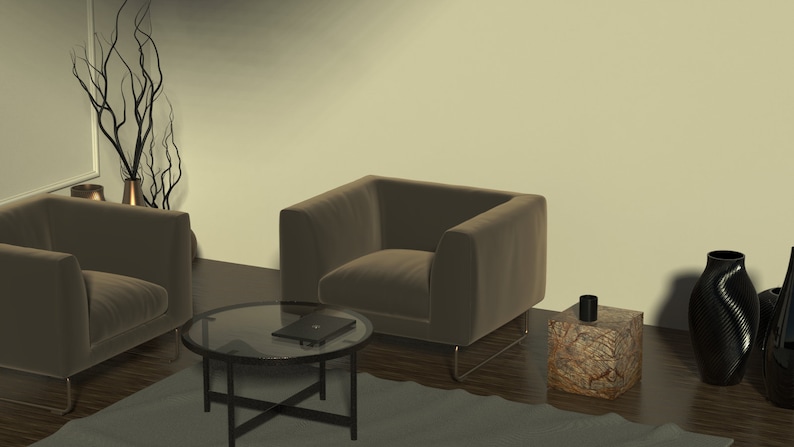 May include: Two brown armchairs with a glass top coffee table in between. A laptop is on the table. There is a wooden side table with a black vase on it. The room has a light beige wall and a wooden floor.