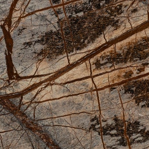 May include: Close-up of a brown and gray marble surface with a natural veining pattern. The veining is a darker brown color and creates a network of lines across the surface.