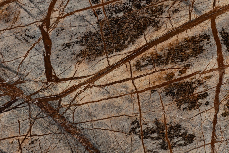 May include: Close-up of a brown and gray marble surface with a natural veining pattern. The veining is a darker brown color and creates a network of lines across the surface.