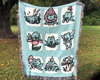 Kawaii Frog Blanket | Baby Frog and Toad Decor, Custom Woven Blanket Throw, Cottagecore Frog Tapestry, Frog Emotes, Man I Love Frogs MILF