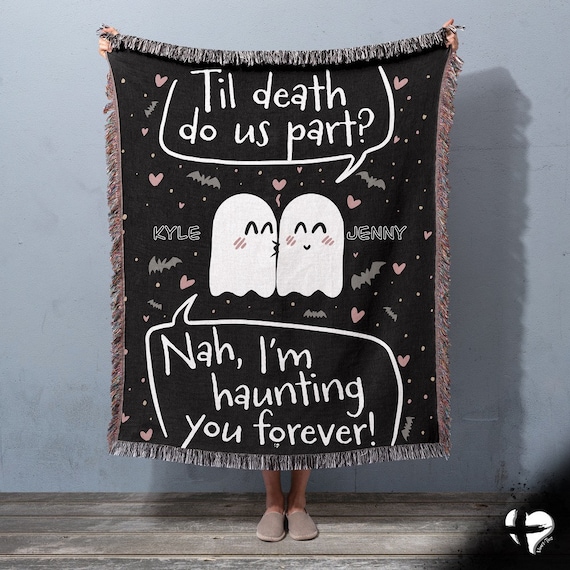 Ghost Love Woven Blanket | Cute Couples Gift with Names, Cotton Fringe Halloween Throw Rug, Spooky Season Goth Tapestry, Comfy Sofa Coverlet