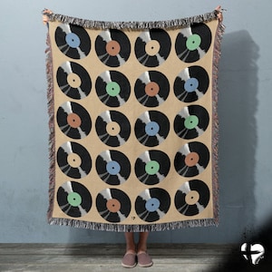 Vinyl Record Display Woven Blanket | Gift For Music Lover, Retro Music Tapestry, Album Art Throw Blanket, Cotton Fringe Music Room Decor