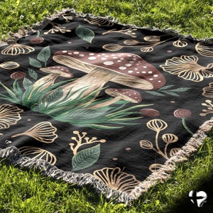 Mushroom Blanket | Custom Woven Throw Blanket, Dark Cottagecore Boho Throw, Fungi Forestcore Decor, Botantical Nature Tapestry, Sofa or Bed