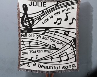 Life Is Like Music Woven Blanket | Gift For Music Lover, Music Notes Tapestry, Beautiful Song Throw Blanket, Cotton Fringe Comfy Cozy Covers