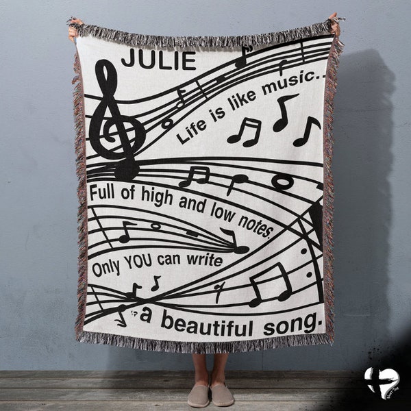 Life Is Like Music Woven Blanket | Gift For Music Lover, Music Notes Tapestry, Beautiful Song Throw Blanket, Cotton Fringe Comfy Cozy Covers