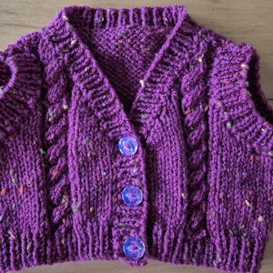 May include: A purple sleeveless knit vest featuring a V-neckline, a cable knit pattern, and three translucent purple buttons down the front. The yarn has a speckled texture with small flecks of various colors throughout the fabric.